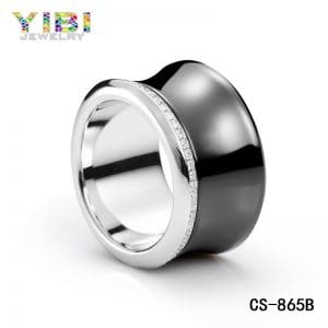 Black ceramic silver ring with cubic zirconia inlay