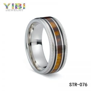 Unique stainless steel men’s wedding bands wood inlay
