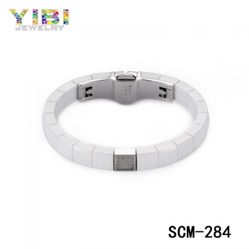 CZ Inlay White Ceramic Stainless Steel Bracelets