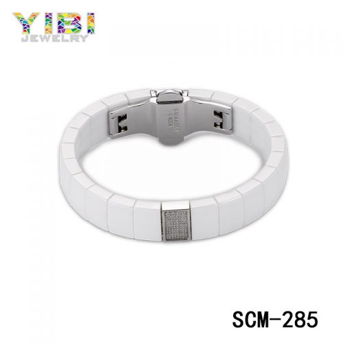CZ Inlay White Ceramic Stainless Steel Bracelets