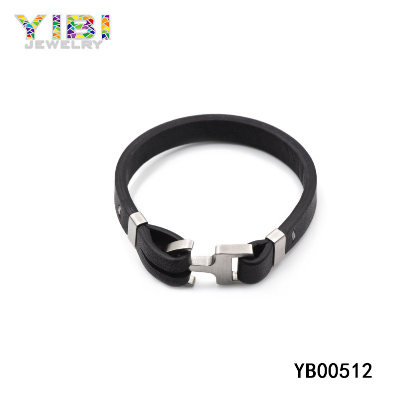 men's stainless steel black leather bracelets