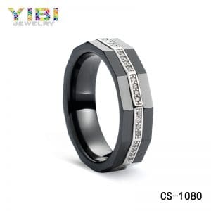 Personalized men ceramic wedding rings with cz inlay