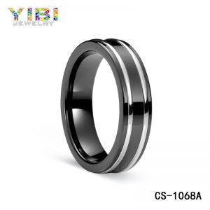 High-tech black ceramic wedding band with silver inlay