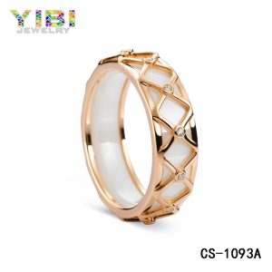 Rose gold plating women ceramic silver rings with cz inlay
