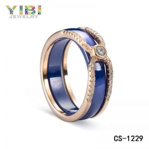 Blue ceramic ring jewelry with rose gold plated silver and cz