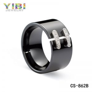 Men’s ceramic wedding bands with cubic zirconia inlay