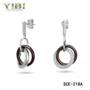 Brown ceramic silver jewelry with cubic zirconia inlay
