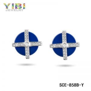 Blue ceramic silver cross earrings with cz inlay
