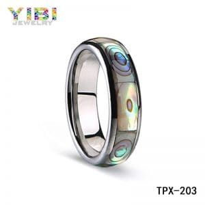 Tungsten carbide wedding rings with abalone shell inlay