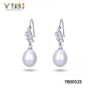 Brass cz earrings with white freshwater pearl