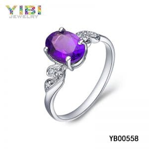 Women brass rings with light purple uruguayan amethyst inlay