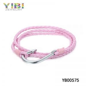 Luxury ladies pink leather bracelet with stainless steel