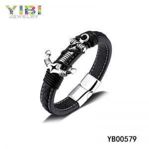 Men's leather anchor bracelet