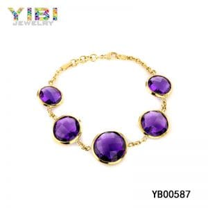 Gold plating brass bracelet with amethyst inlay