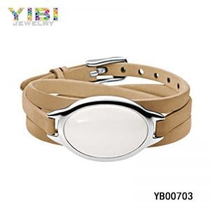 Stainless steel ladies leather bracelets with gemstone