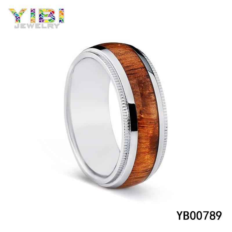 Wood inlay titanium wedding bands