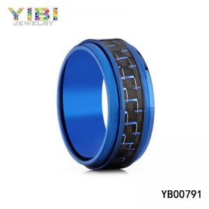 Modern men blue titanium ring with carbon fiber inlay
