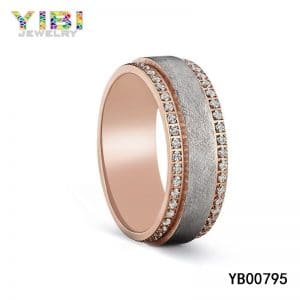 Brushed titanium cz wedding band with rose gold plated