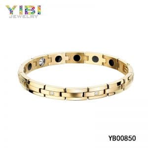 CZ Inlay Gold Plated Mens Titanium Magnetic Bracelet