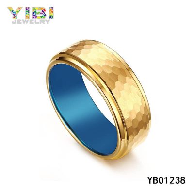 Men hammered tungsten ring with gold plated