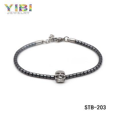 thumbnail image 2 of Men's Black Genuine Leather Skull Wristband Bracelet – Stainless Steel, Surfer Style 2 of 6