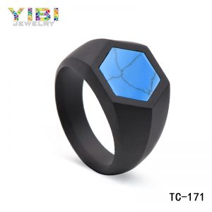 Surgical stainless steel signet ring with turquoise inlay