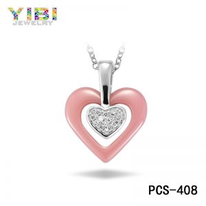 Pink Ceramic Heart Necklace with CZ Inlay