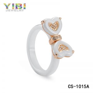 CZ Inlay Women White Ceramic Heart Ring