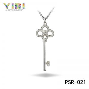 Unique CZ Inlay Brass Key Charm Necklace