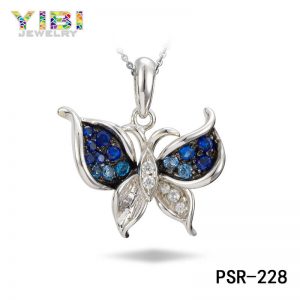 Blue Cubic Zirconia Inlay Brass Butterfly Necklace