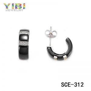 High Quality Women Black Ceramic Silver Earrings