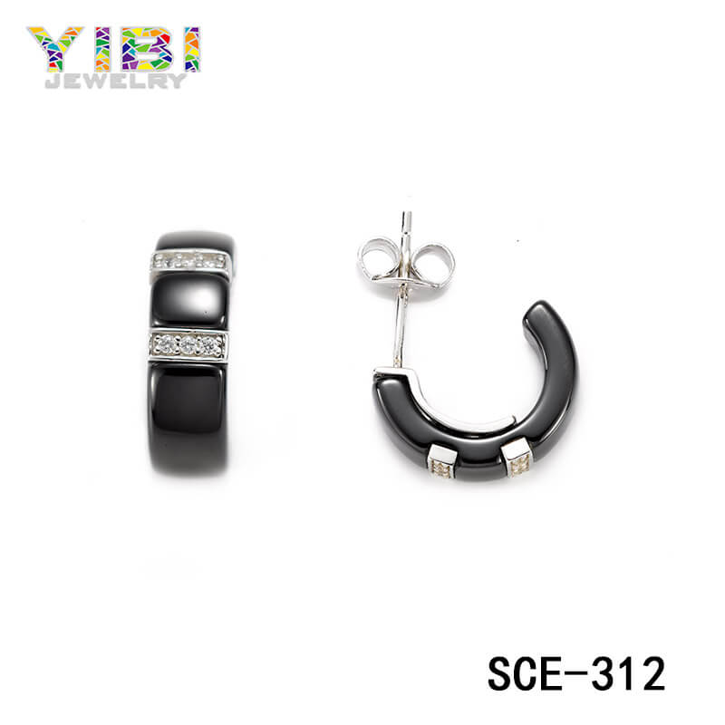 High quality black ceramic silver earrings