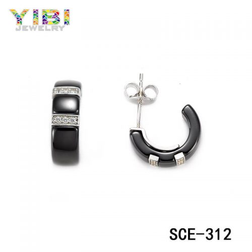 Women Black Ceramic Silver Earrings