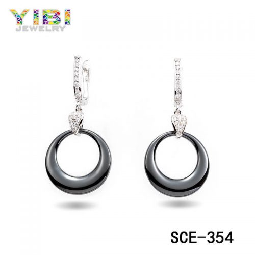 CZ Inlay Women Black Ceramic Earrings