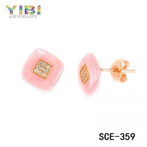 Elegant Women Pink Ceramic CZ Earrings Jewelry