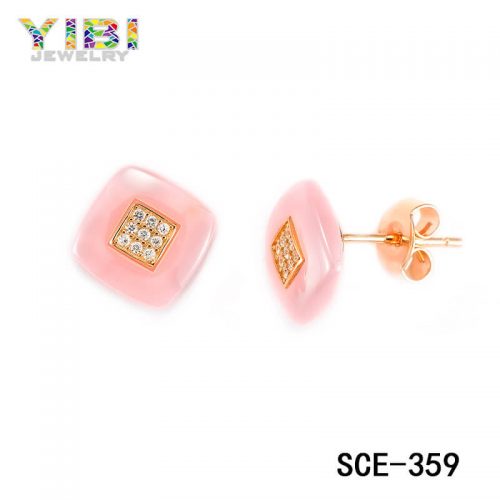 Women Pink Ceramic CZ Earrings