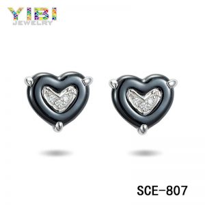 Black Ceramic Heart Earrings with CZ Inlay