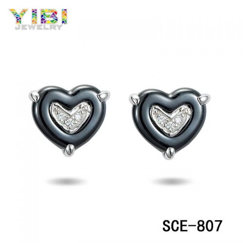 CZ Inlay Black Ceramic Heart Earrings