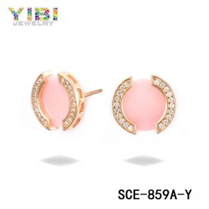 CZ Inlay Pink Ceramic Earrings with Rose Gold Plated