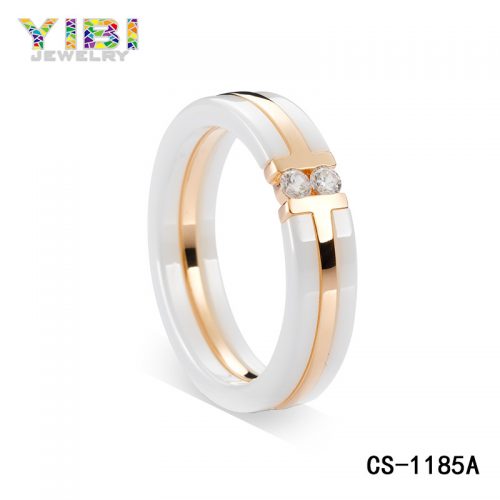Rose Gold Plated Ceramic Silver CZ Ring