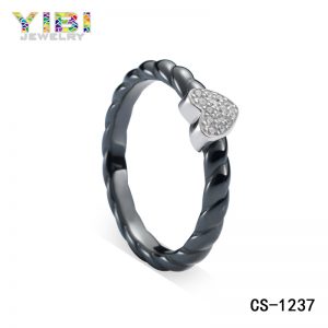 Black Ceramic Silver Heart Ring with CZ Inlay