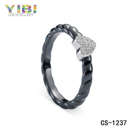 Black Ceramic Silver Heart Ring