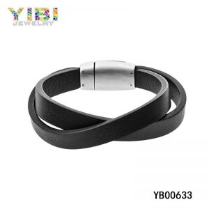 Black Leather Bracelet with Brushed Stainless Steel