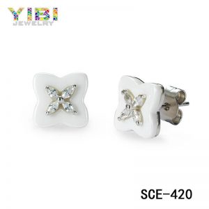 CZ Inlay White Ceramic 925 Sterling Silver Stud Earrings