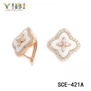 CZ Inlay Rose Gold Plated 925 Silver Ceramic Stud Earrings