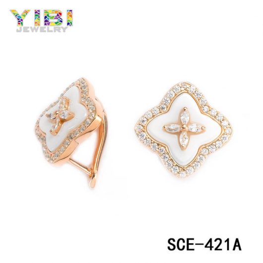 CZ Inlay Rose Gold Plated 925 Silver Ceramic Earrings Stud
