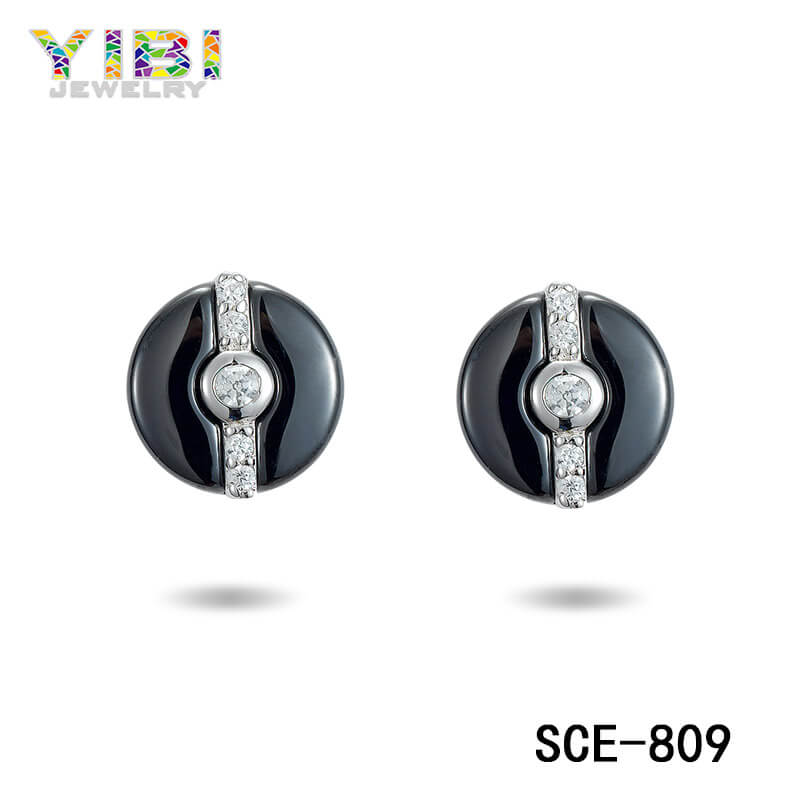 CZ Inlay Black Ceramic 925 Sterling Silver Stud Earrings