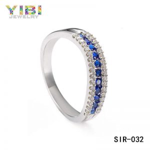 Rhodium Plated Brass Blue Cubic Zirconia Ring