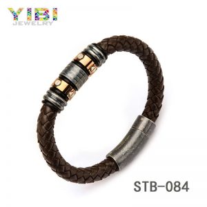 Mens Vintage Stainless Steel Brown Leather Bracelet