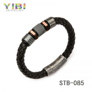 stainless steel black leather bracelet